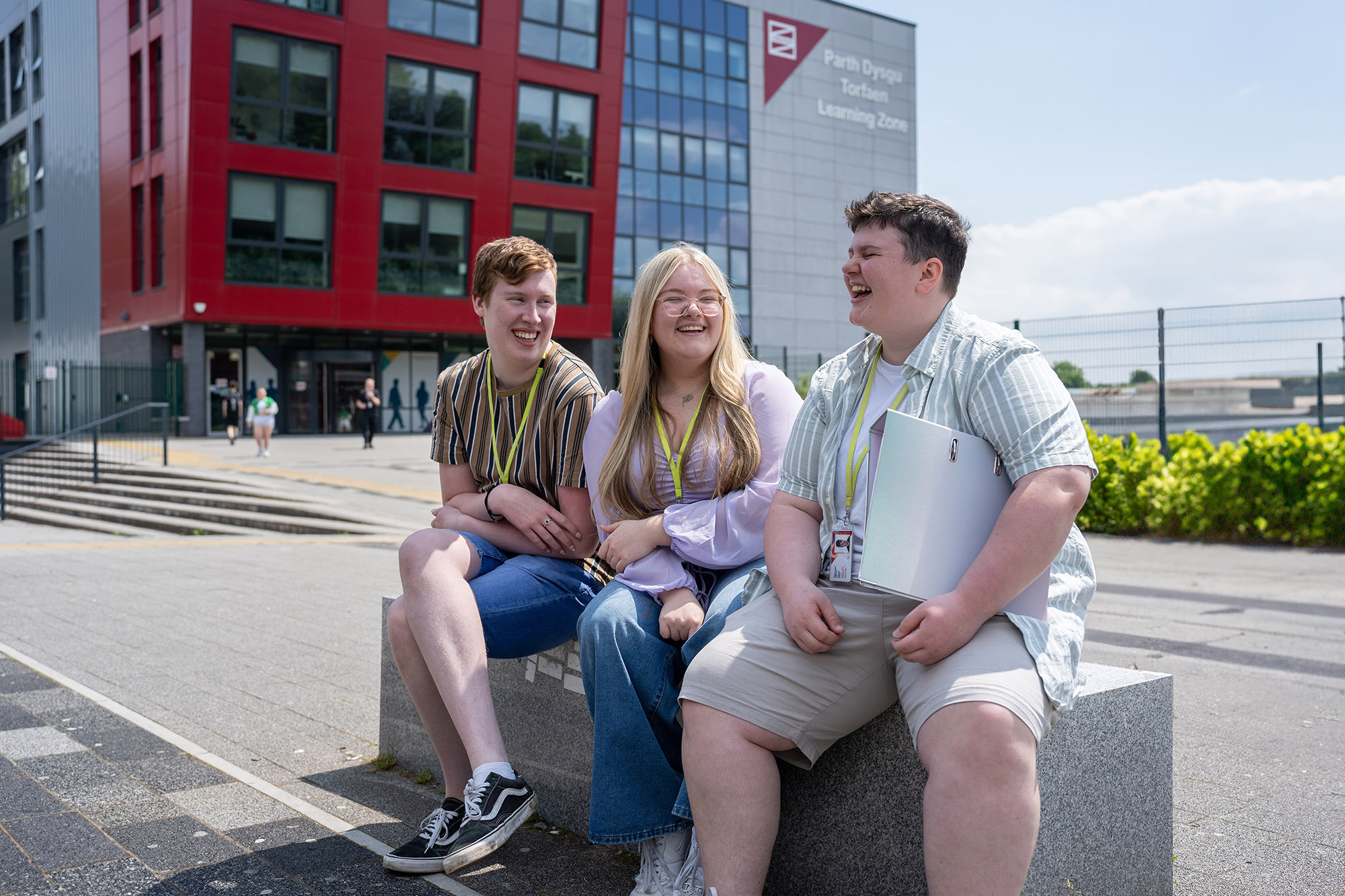 Students sat outside Torfaen Learning Zone