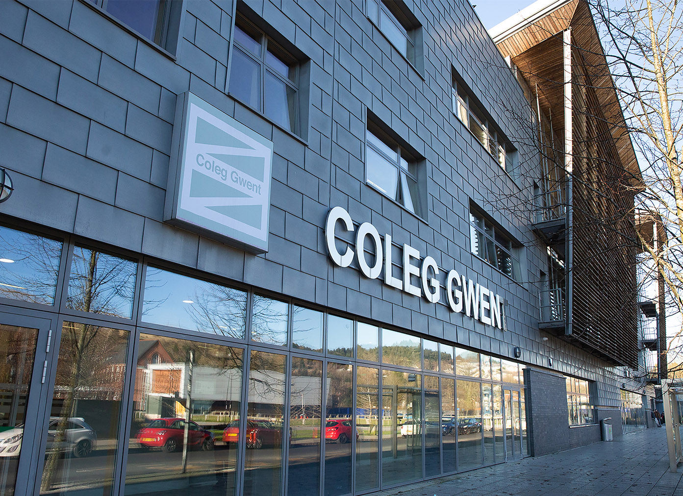 Outside view of BGLZ with Coleg Gwent logo